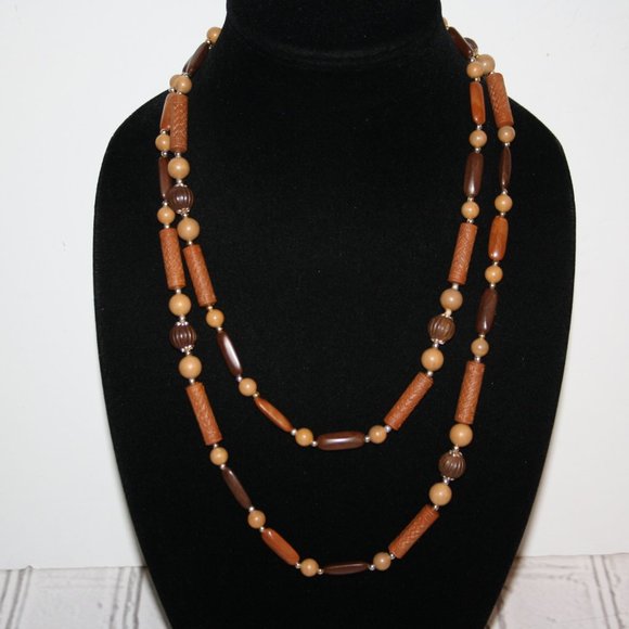 Vintage Jewelry - Vintage wooden and gold beaded necklace 48"